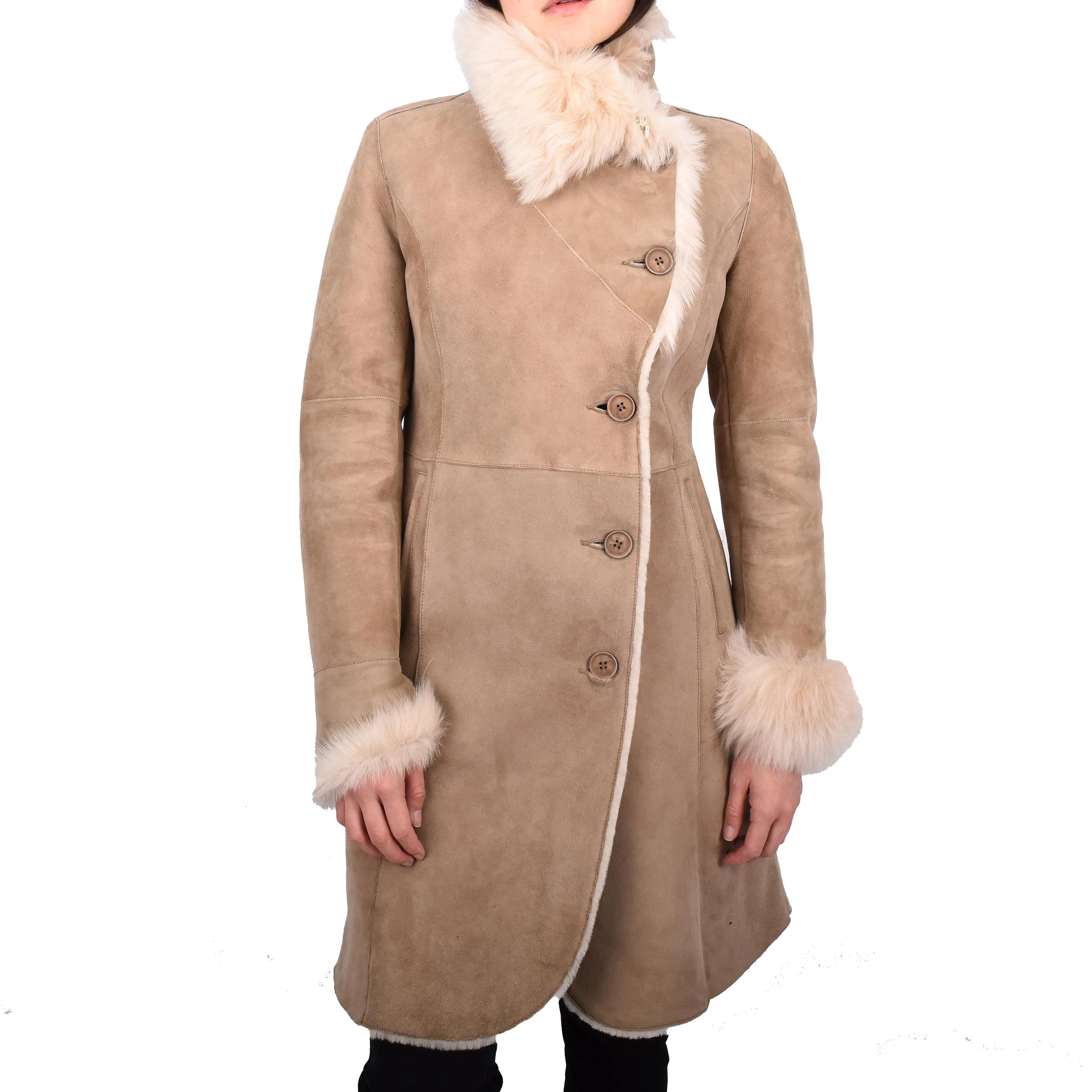 Womens Genuine Suede Merino Shearling Coat Toscana Collar Erika Beige