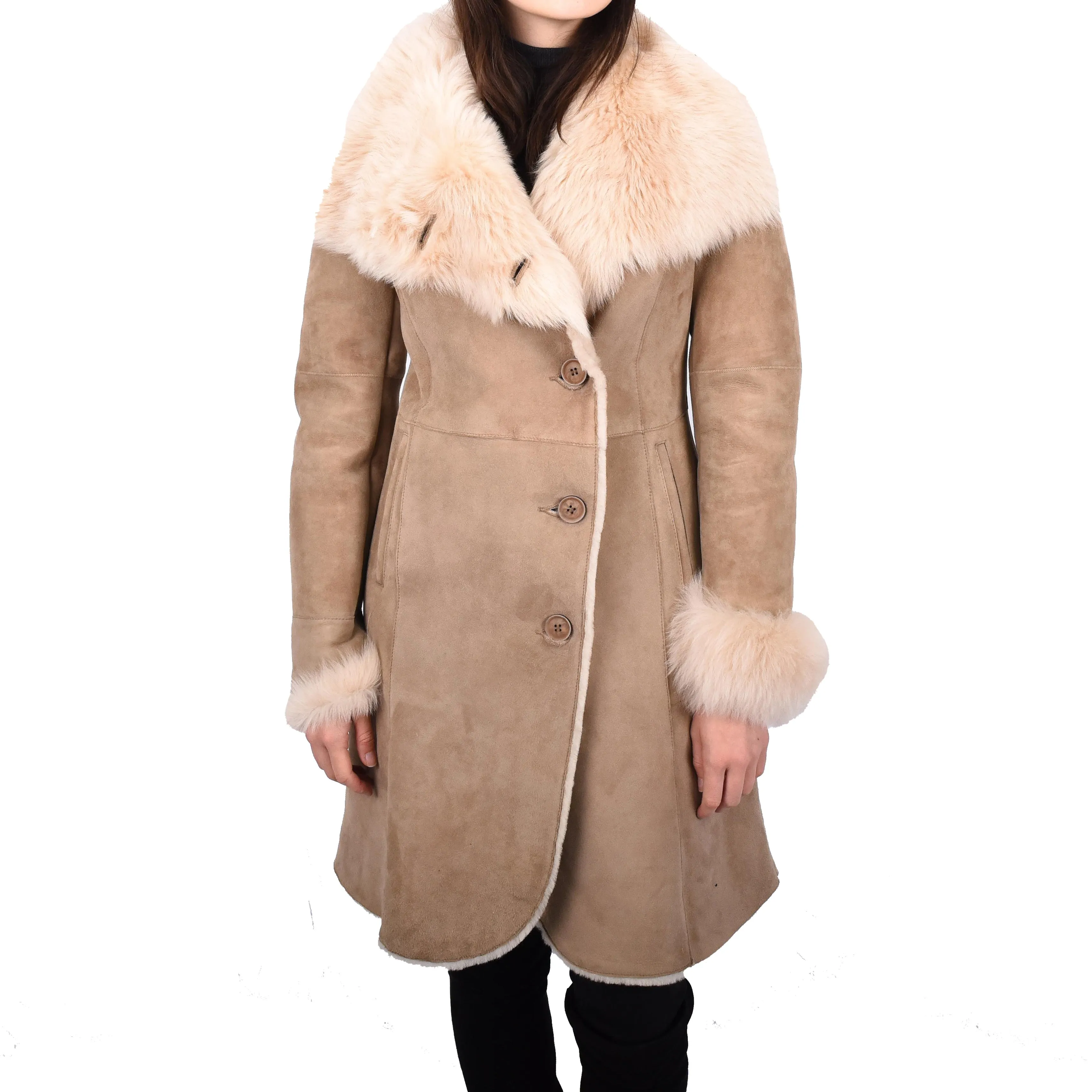Womens Genuine Suede Merino Shearling Coat Toscana Collar Erika Beige