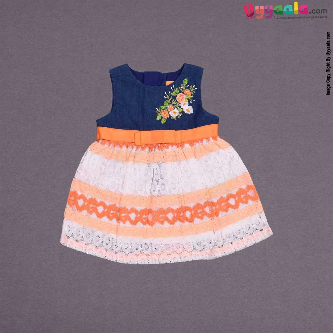 YELLOW DUCK Cotton sleeveless party wear frock for baby girl, back open zip model with belt- navy blue & orange