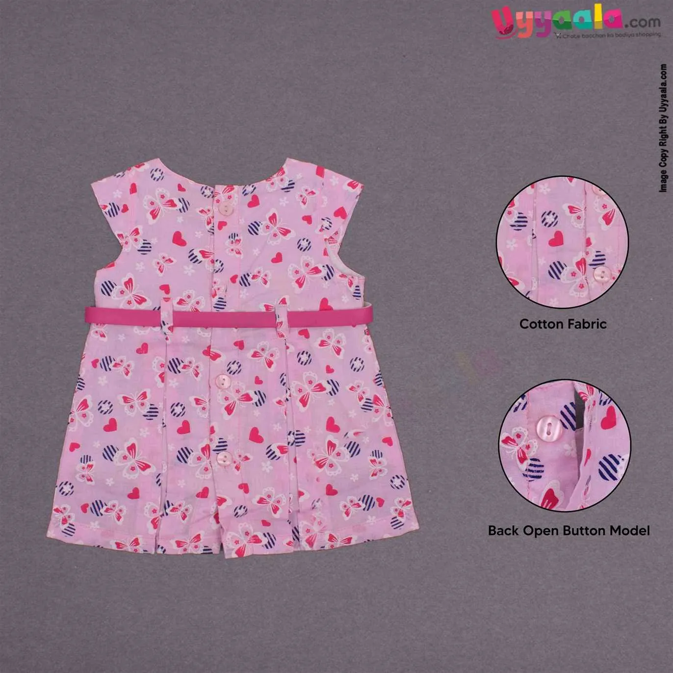 YELLOW DUCK Cotton sleeveless party wear frock for baby girl,front open button model with belt, butterfly print- Pink